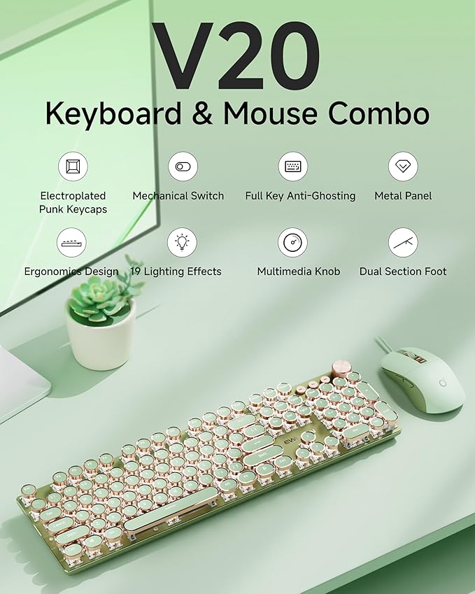 SEUNKWANG Wired Typewriter Keyboard and Mouse Combo, Retro Mechanical Keyboard - Image 2