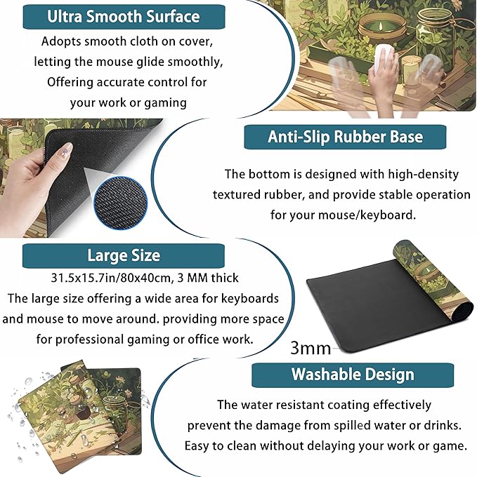 Cute Desk Mat Green Sage Mouse Pad Anime Forest XXL Large Extended Gaming - Image 3