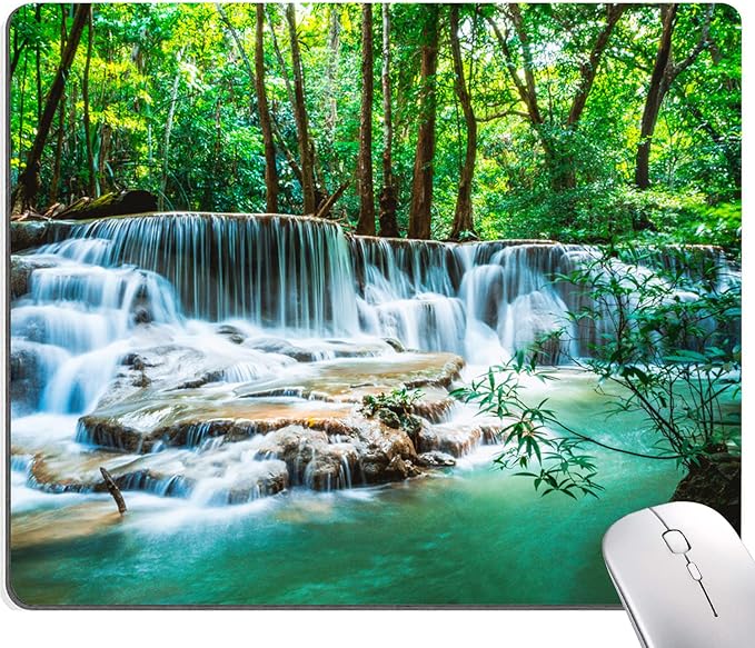 Mouse Pad, Forest Waterfall Natural Scenery Mouse Pad Custom Design, Square by DUADELI