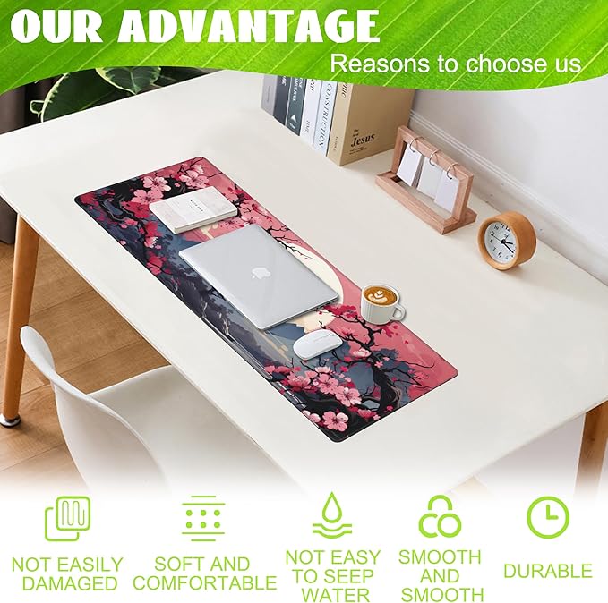 Pink Cherry Blossom Tree Desk Pad, Mountains and Sun Large Gaming Mouse Mat - Image 4