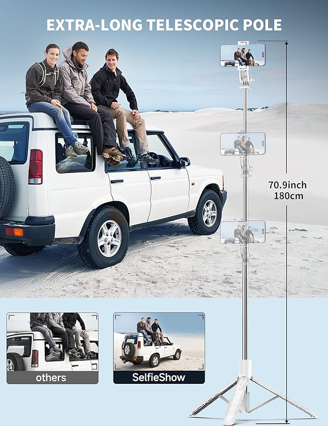 SelfieShow 71" Cell Phone Selfie Stick & Tripod, Smartphone Stand - Image 2
