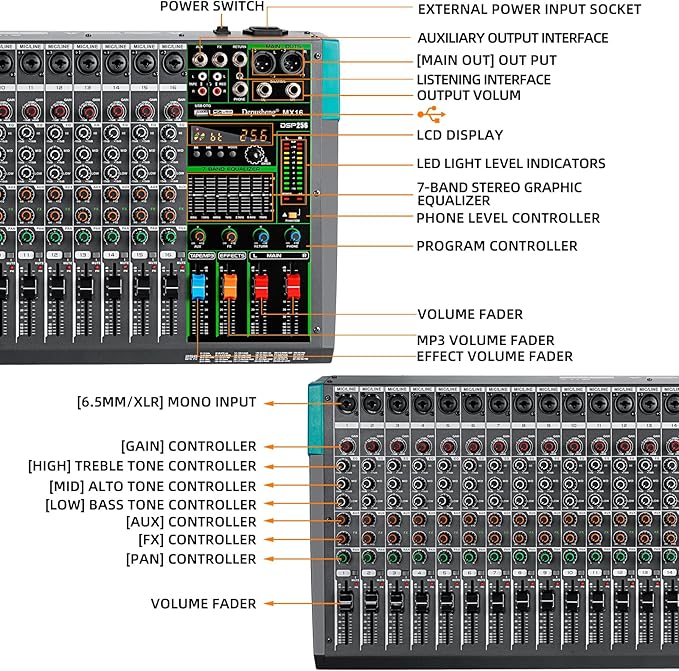 Depusheng MX16 16 Channel Sound Mixer Audio Mixing Console 48V 256DSP - Image 2