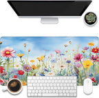Large Gaming Mouse Pad, Colorful Wildflowers in Field Desk Mat, Watercolor by KOAIWPAE