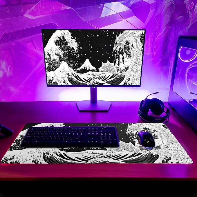 Black and White Japanese Wave Dragon Gaming Mouse Pad - Image 6