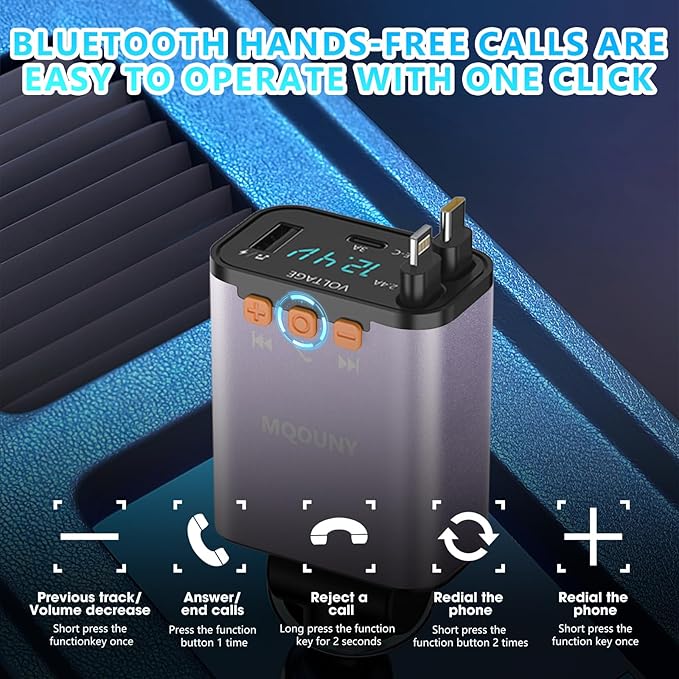 Retractable Car Charger, 5 in 1 Fast Cars Phone Charger 60w, Handsfree Call - Image 3
