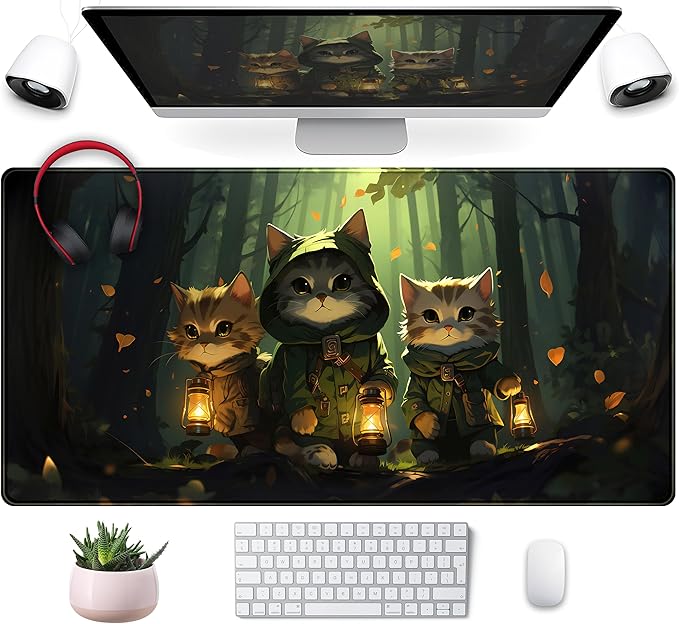 Forest Cats Desk Mat Anime Cat Desk Pad Cute, Kawaii Green Mouse Pad XXL by Mechanical+Cattle