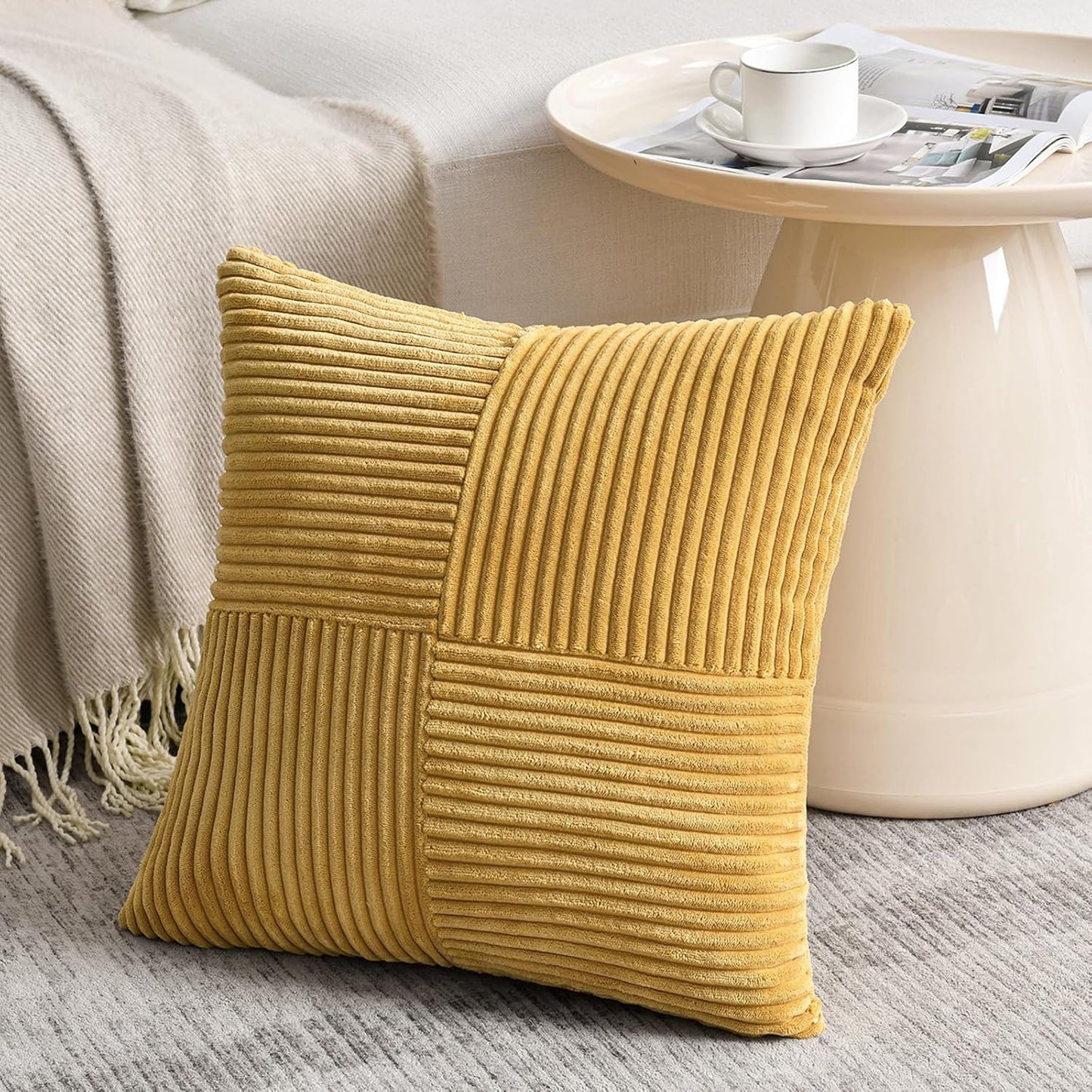 Fancy Homi 2 Packs Mustard Yellow Samll Decorative Throw Pillow Covers 14x14 Inch with for Couch Bed Sofa, Rustic Farmhouse Boho Home Decor, Soft Corss Patchwork Corduroy Square Cushion Case 35x35 cm