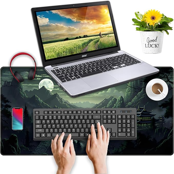 XXL Large Gaming Mouse Pad Anime Green Moon Mountains Desk Mat, Desk Decor - Image 4