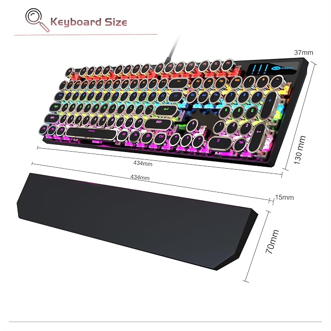 MageGee Typewriter Mechanical Gaming Keyboard, Retro Black Punk Round Keycaps - Image 8