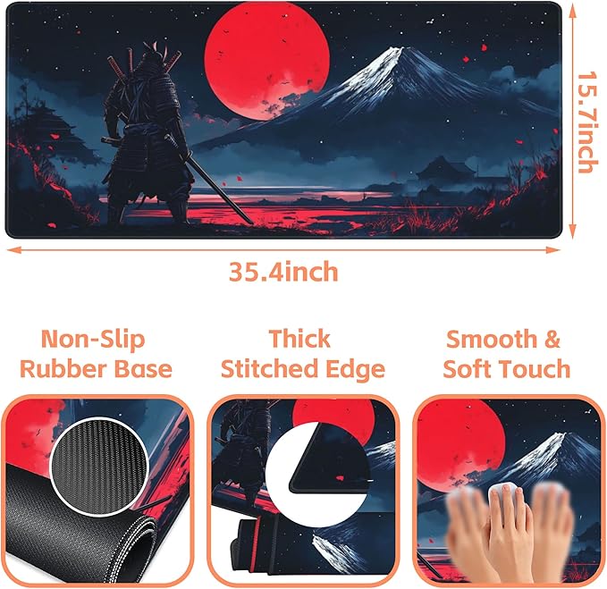 Mouse Pad Large Samurai and Red Moon Non-Slip Game Desk Mat - Image 3