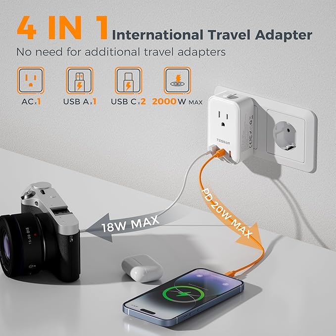 TESSAN Universal Travel Adapter PD 20W, International Power Adapter - Image 4