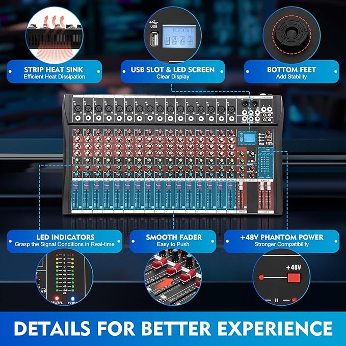 16 Channel Audio Mixer, Mixing Console Sound Mixer DJ Sound Controller - Image 5
