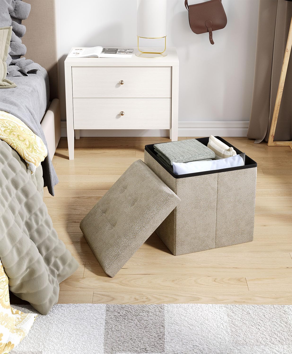 15 Inches Small Folding Storage Ottoman Cube, Storage Footrest, Foot Rest Stool, for Living Room, Bedroom, Dorm, Hallway, Entryway, Sandy Beige