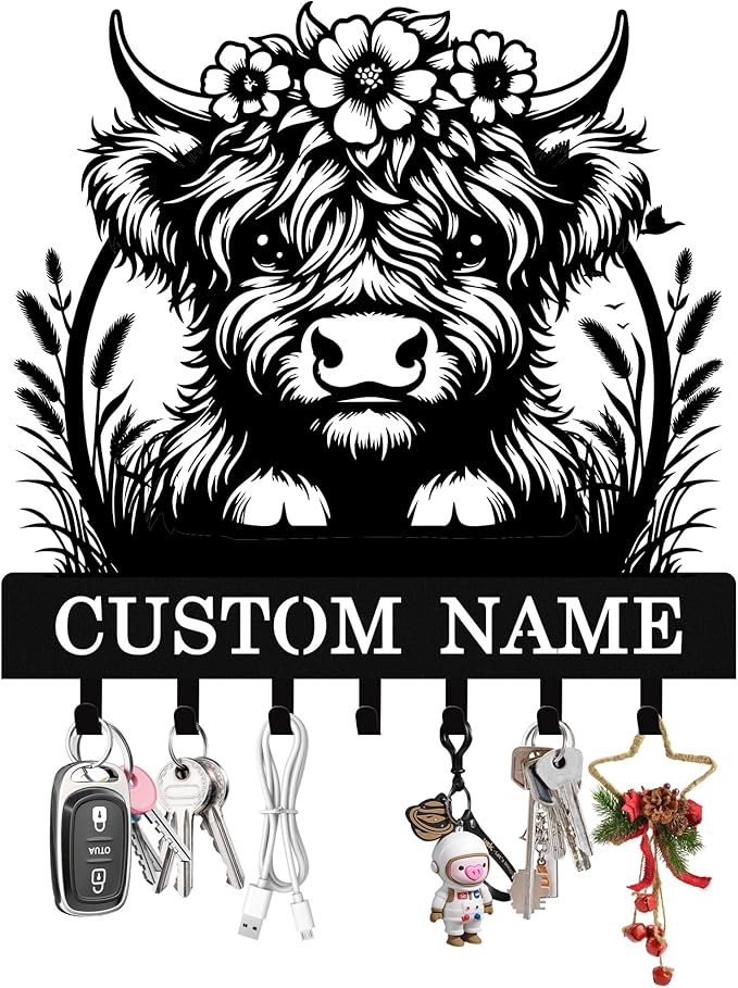 Personalized Highland Cow Key Holder Wall Mount, Custom Metal Key Rack Key by Syneiro