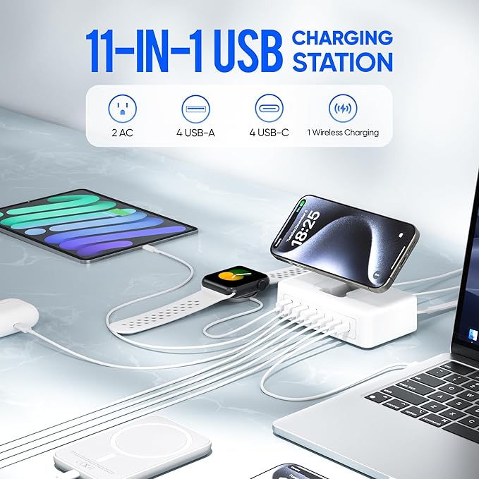 115W USB Charging Station Power Strip, 11-in-1 USB C Charger Block, 2AC Outlets - Image 2
