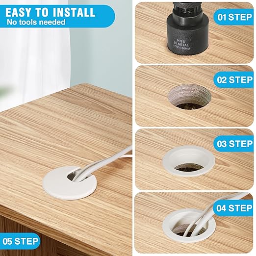 1-3/8" White Desk Grommet with Bi-Metal Hole Saw, JTemgle Plastic Cable Hole - Image 6