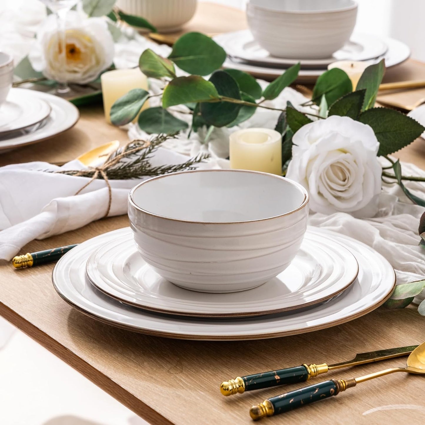 GBHOME Ceramic Dinnerware Sets,12 pcs Embossed Elegant Stoneware Plates and Bowls Sets, Housewarming Wedding Gift | Dishwasher & Microwave Safe | Dishes Set Service for 4