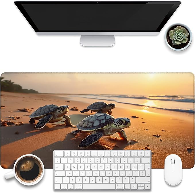 Large Gaming Mouse Pad for Desk, Baby Turtles On Beach Desk Mat, Cute Sea by KOAIWPAE
