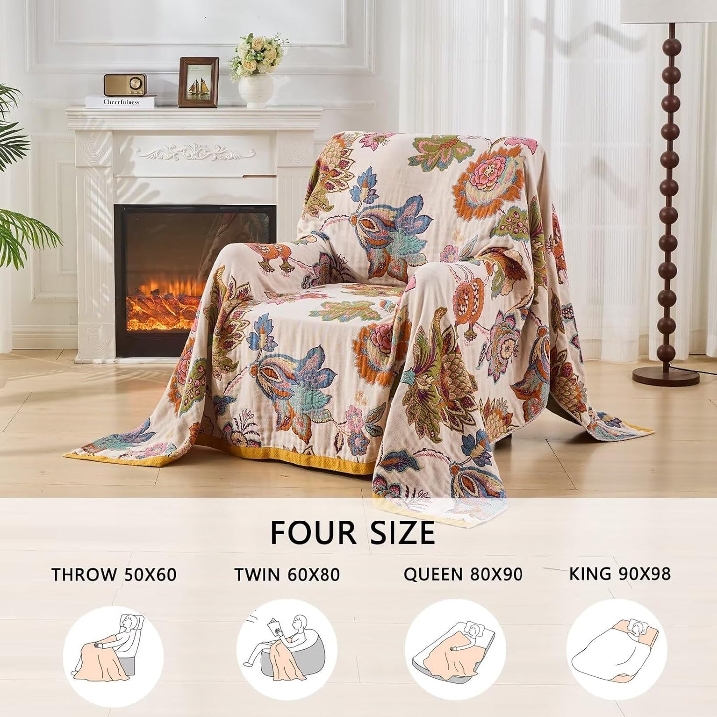 100% Cotton Boho Throw Blanket, King Size Living Room Reversible Fall Throw Blanket, Boho Floral Bird Colorful Retro Quilt Ultra Soft Reversible Gauze Blanket for All Season, 90"x98"