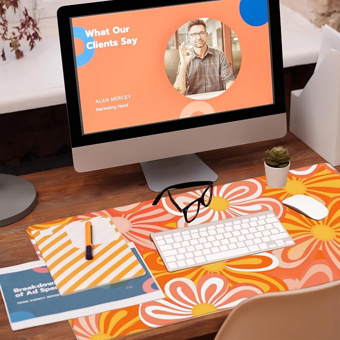 Desk Pad, Hippie Vintage Orange Flowers Desk Mat, Retro Floral Large Gaming - Image 5