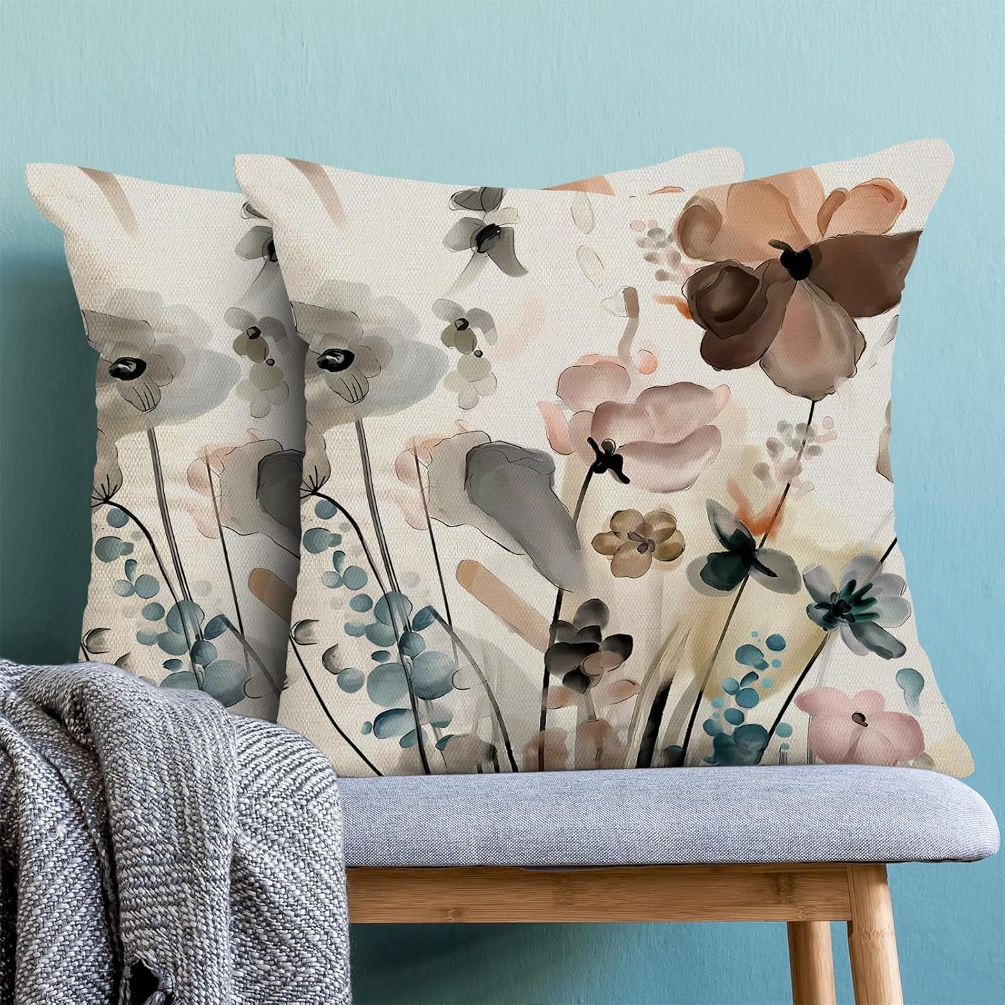 CXMEIFLY Spring Floral Pillow Covers 18 x 18 Inch Set of 2 for Watercolor Flowers Decor Throw Pillows Teal Brown Leaves Plant Floral Outdoor Decorative Cushion Cases for Couch Bed Decorations
