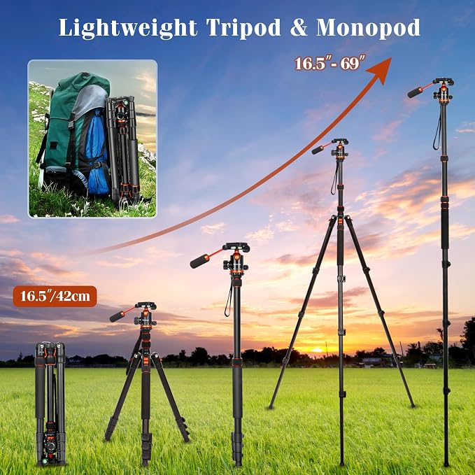 68" Tripod for Camera & Shooting Tripods, 2 in1 Camera Tripods & Monopods - Image 6