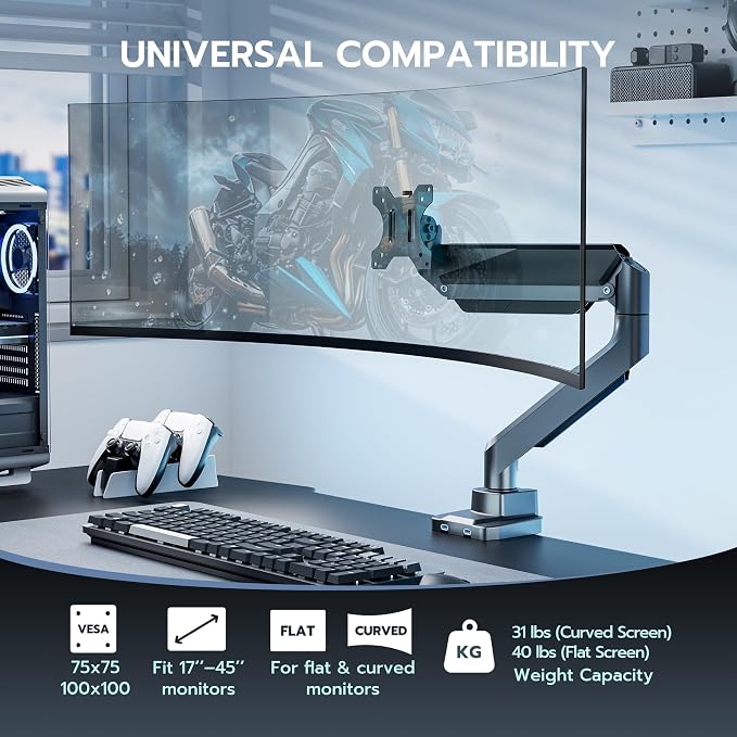ARES WING Single Monitor Arm, Heavy Duty Adjustable Monitor Arm - Image 4