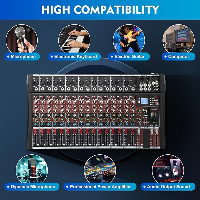 16 Channel Audio Mixer, Mixing Console Sound Mixer DJ Sound Controller - Image 4