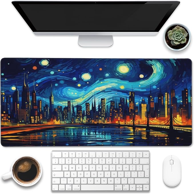 Desk Pad, City Starry Night Desk Mat, Abstract Oil Painting Large Gaming Mouse by Eflxamz