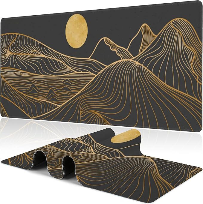 Abstract Golden Mountain Desk Mat, Large Gold Line Art Gaming Keyboard Mouse Pad by NIYLYNSYN