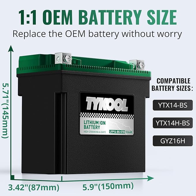 TYKOOL YTX14-BS-STD 400 CCA, Lithium LiFePO4 12v Motorcycle Battery, ATV Battery - Image 3