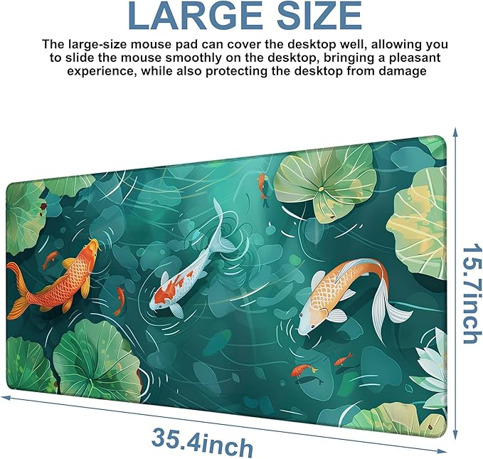 Colorful Koi Fish Gaming Mouse Pad 3mm Thick Stitched Edge Waterproof Non-Slip - Image 3