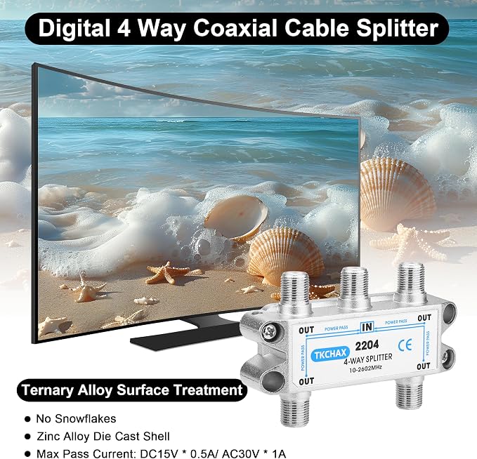 4 Way Coaxial Cable Splitter, Support 10-2602MHz, RG6 Compatible, Nickel-Plated - Image 3