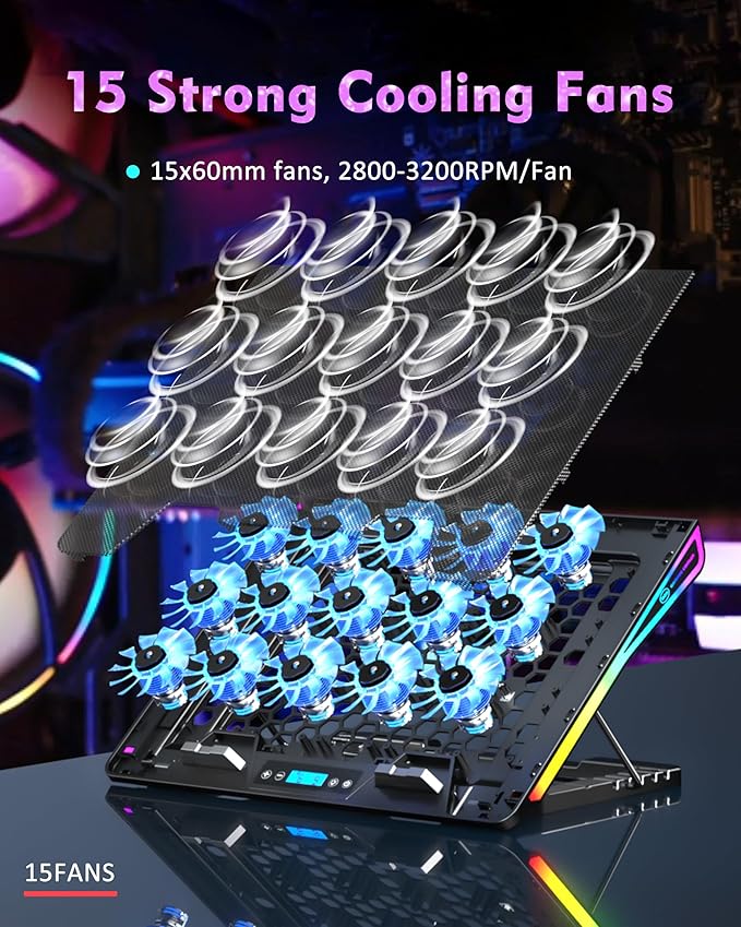 AICHESON Laptop Cooling Pad, 15 Powerful Cooling Fans, Gaming Laptop Cooler - Image 2