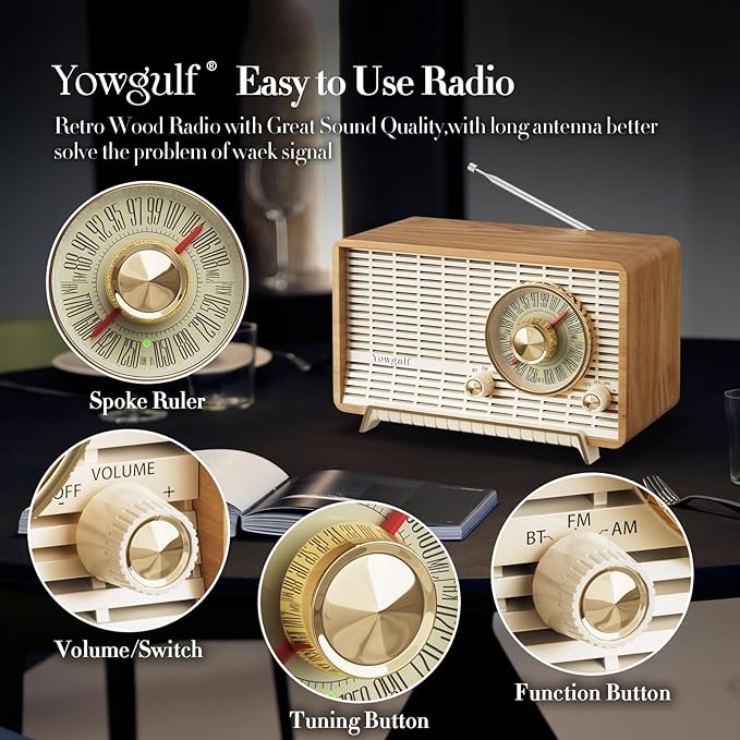 YOWGULF AM FM Radio Classic Retro Wood Table Radio Bluetooth Speakers Radios - Image 3