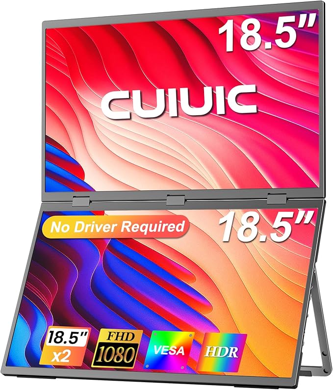 Dual Portable Monitor, 18.5" 1080P FHD IPS Folding Stacked Triple Laptop Screen by CUIUIC