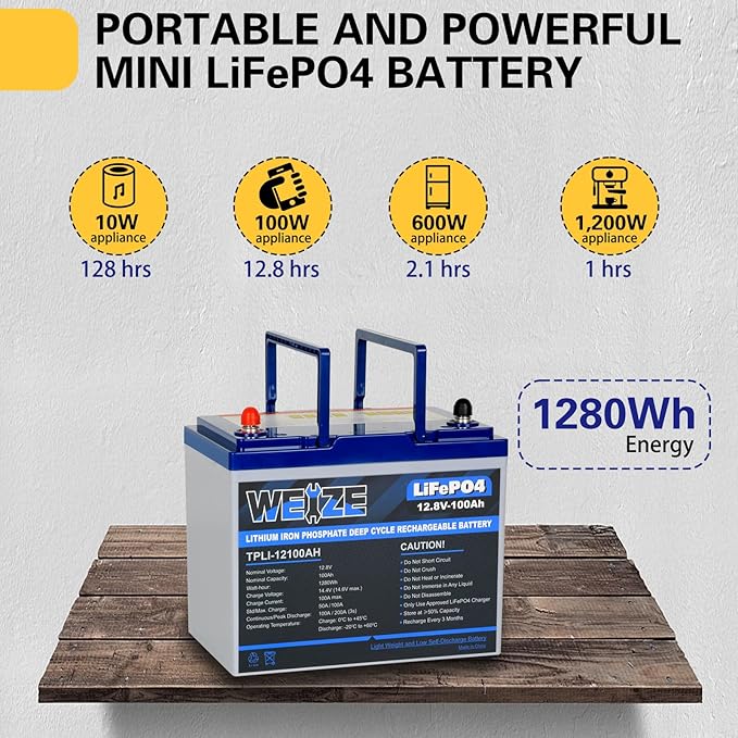 WEIZE 12V 100Ah LiFePO4 Lithium Battery, Upgrade Mini Size & Lightweight - Image 4
