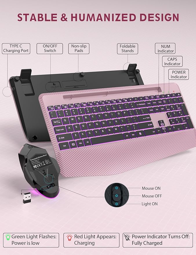 Wireless Keyboard and Mouse Backlits, Wrist Rest, LED Mouse, Rechargeable - Image 8