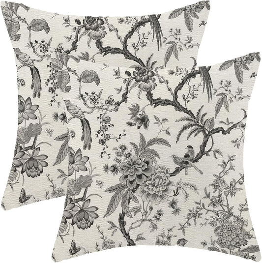 CXMEIFLY Spring Floral Birds Pillow Covers 18 x 18 Inch Set of 2 for Chinoiserie Flowers Decor Throw Pillows Black and White Plant Outdoor Decorative Cushion Cases for Couch Bed Decorations