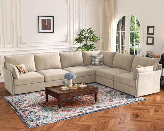 135.5" Oversized Modular Sectional Sofa, L Shaped Convertible Couch with Movable Ottoman, Large 6 Seat Corner Couches for Living Room Deep Seat Beige Chenille