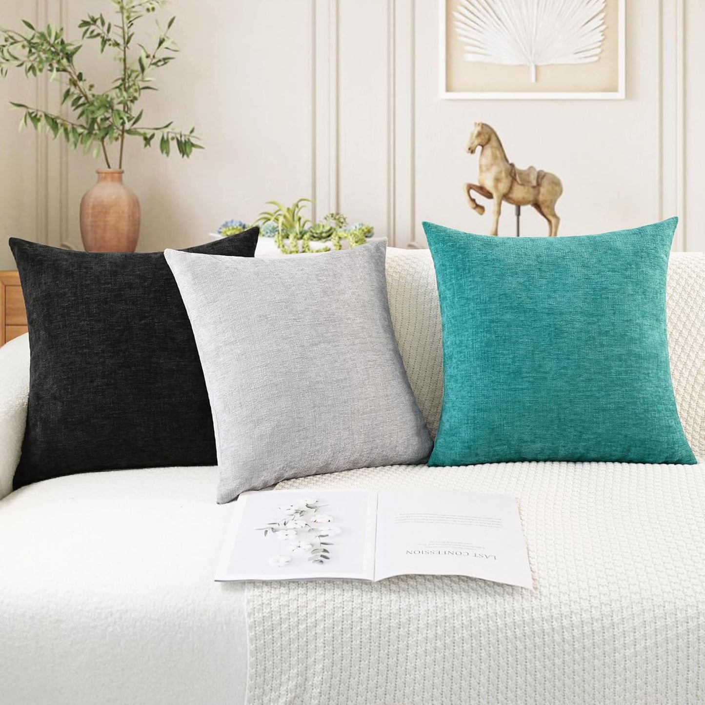 CaliTime Throw Pillow Covers Decorative 22 X 22 Inches Pack of 2 Cozy Chenille Cushion Cases for Couch Sofa Bed Living Room Home Moonbeam Gray