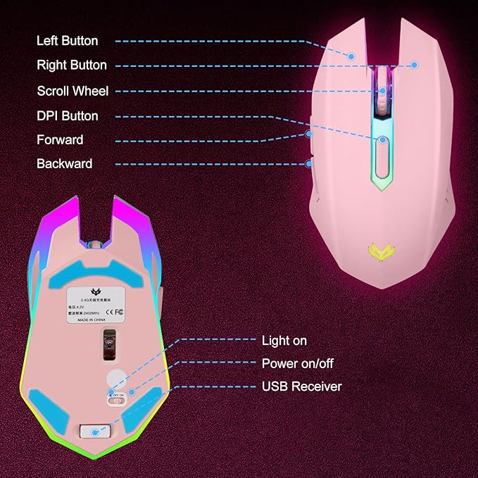 Wireless Gaming Mouse, Rechargeable Computer Mouse, 7-Color LED Light, - Image 6