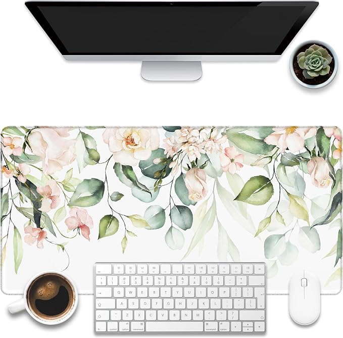 Desk Mat, Watercolor Pink Flowers Desk Pad, 31.5"x15.7" Extended Big Computer by KOAIWPAE