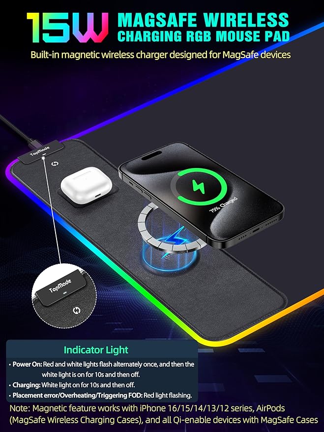 TopMade Wireless Charging RGB Mouse Pad, Waterproof Gaming Desk Mat - Image 2
