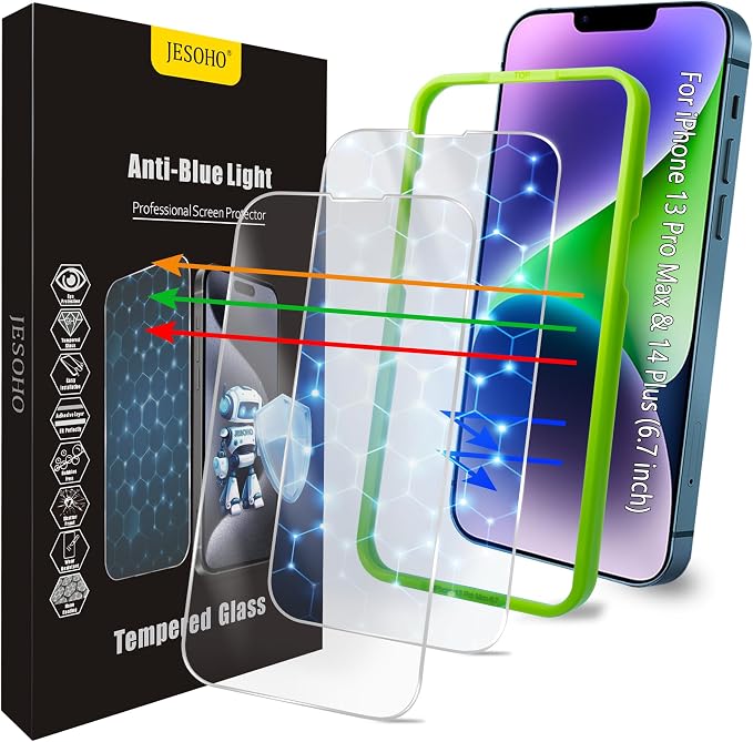 Screen Protector for iPhone 13 Pro Max/14 Plus, Colorless Anti-Blue Light by JESOHO