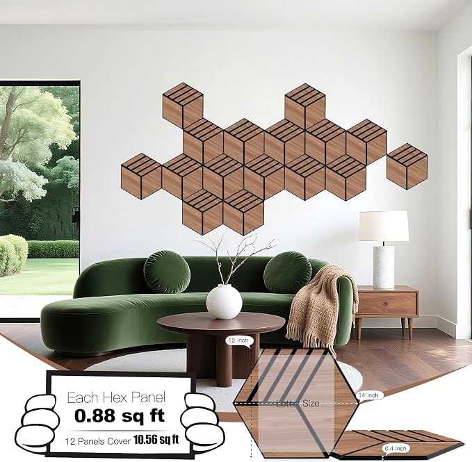 Mollywell Hexagon Acoustic Panels, Walnut S4, 12 Pack |Wood Veneer|High Density - Image 2