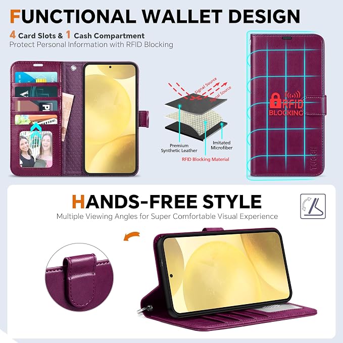 TUCCH Case Wallet for Galaxy S25 Plus, 2 in 1 Magnetic PU Leather Wrist Strap - Image 5