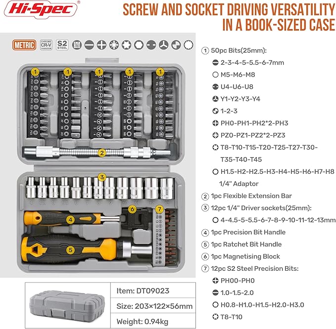 Hi-Spec 78pc Multi Screw Driver Bit Set and 1/4 inch Socket Set - Image 2