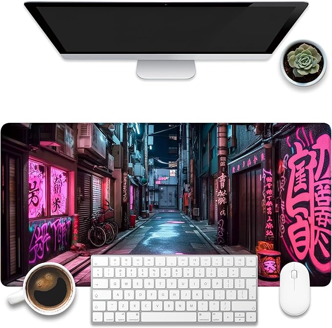 Desk Pad, Anime City Street Scene Desk Mat, 31.5"x15.7" Extended Big Computer by KOAIWPAE
