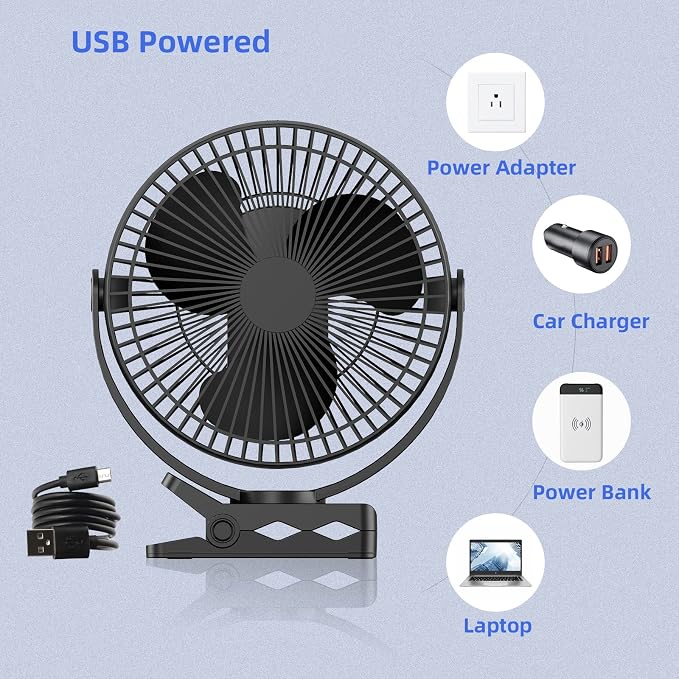 ATEngeus USB Desk Fan, Rechargeable Portable Fan, 8-Inch Clip on Fan, 10000mAh - Image 10